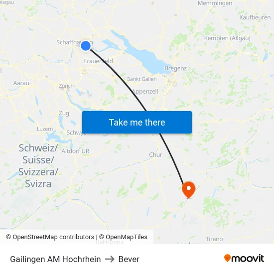 Gailingen AM Hochrhein to Bever map