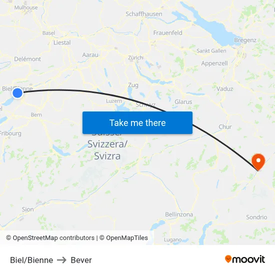 Biel/Bienne to Bever map