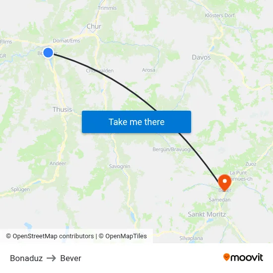 Bonaduz to Bever map