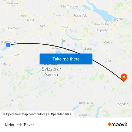 Nidau to Bever map