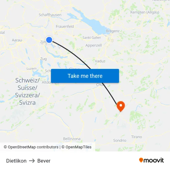 Dietlikon to Bever map