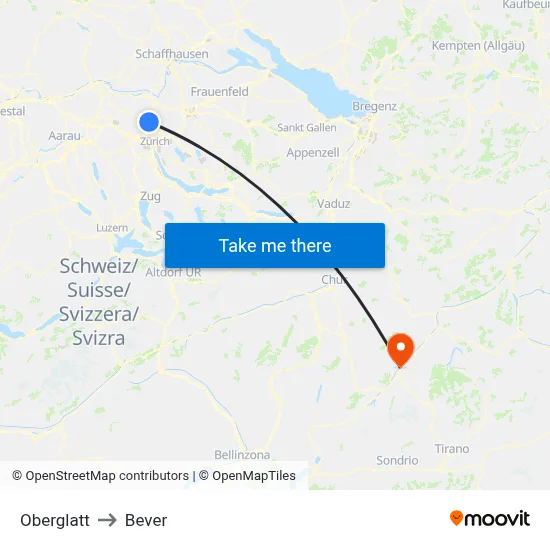 Oberglatt to Bever map