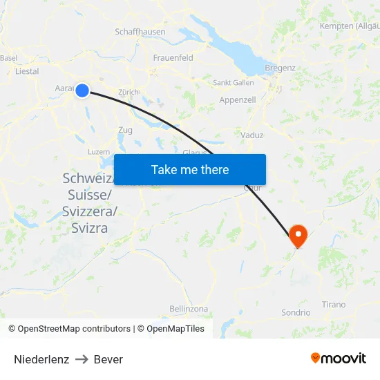 Niederlenz to Bever map