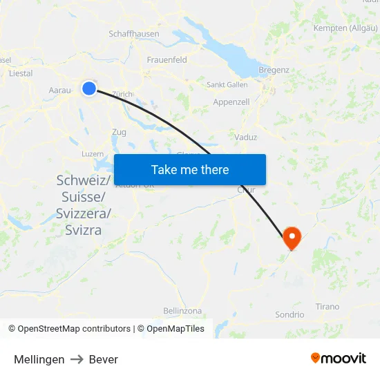 Mellingen to Bever map