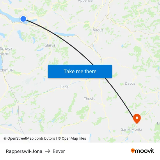 Rapperswil-Jona to Bever map