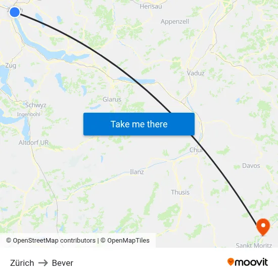 Zürich to Bever map
