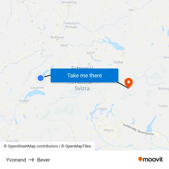 Yvonand to Bever map