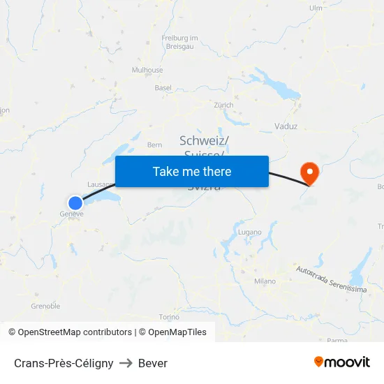 Crans-Près-Céligny to Bever map