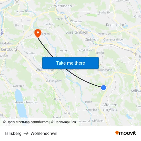 Islisberg to Wohlenschwil map