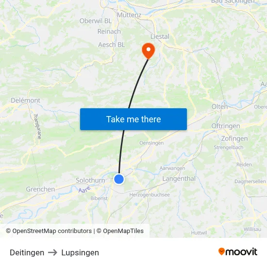 Deitingen to Lupsingen map
