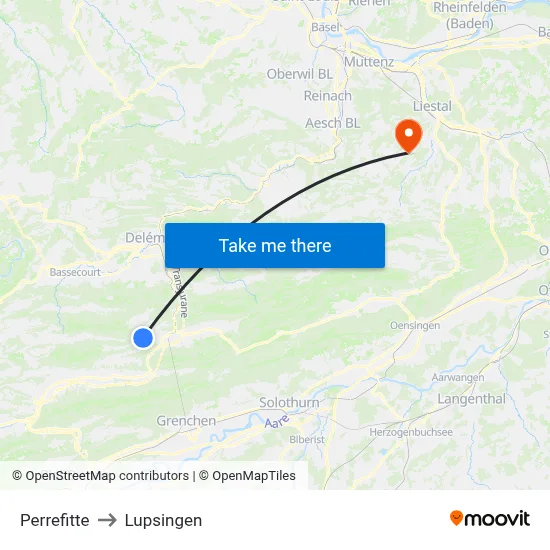 Perrefitte to Lupsingen map