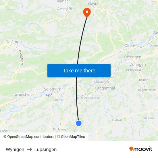 Wynigen to Lupsingen map