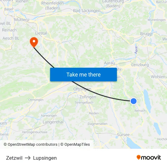 Zetzwil to Lupsingen map