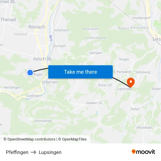 Pfeffingen to Lupsingen map