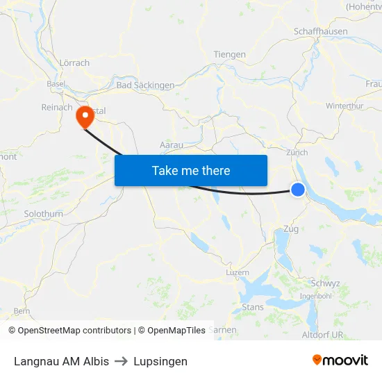 Langnau AM Albis to Lupsingen map