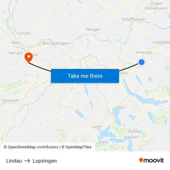 Lindau to Lupsingen map