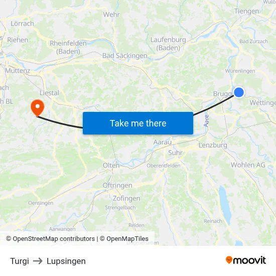 Turgi to Lupsingen map