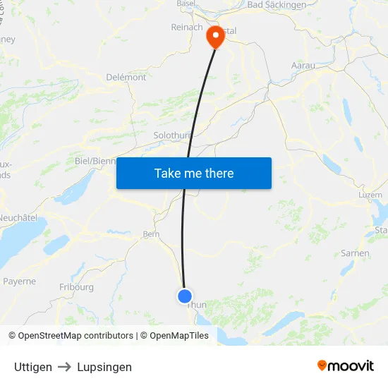 Uttigen to Lupsingen map