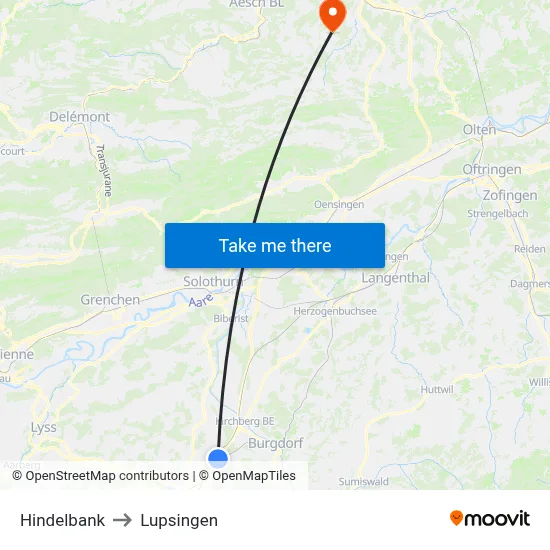 Hindelbank to Lupsingen map