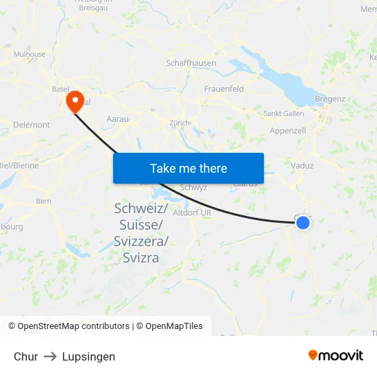 Chur to Lupsingen map