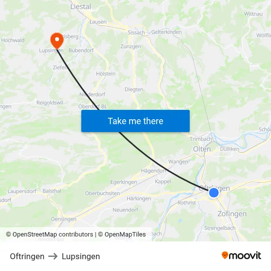 Oftringen to Lupsingen map