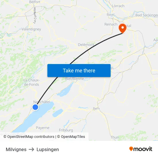 Milvignes to Lupsingen map
