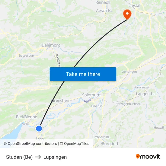 Studen (Be) to Lupsingen map