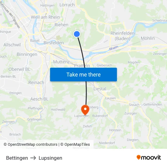 Bettingen to Lupsingen map