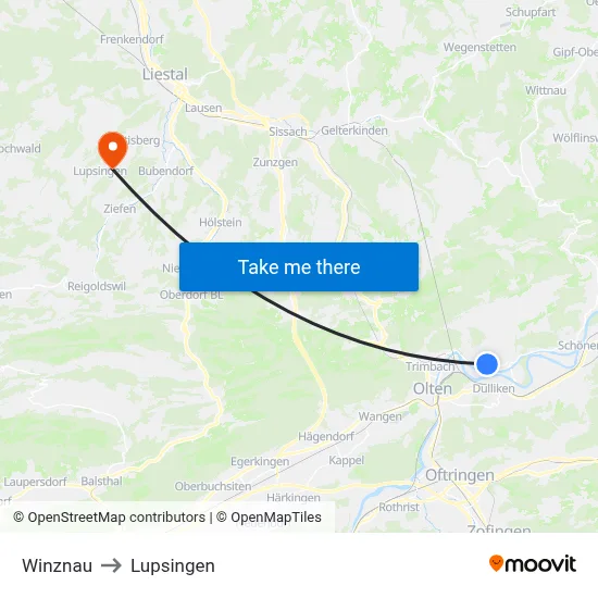 Winznau to Lupsingen map