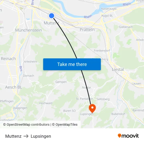 Muttenz to Lupsingen map