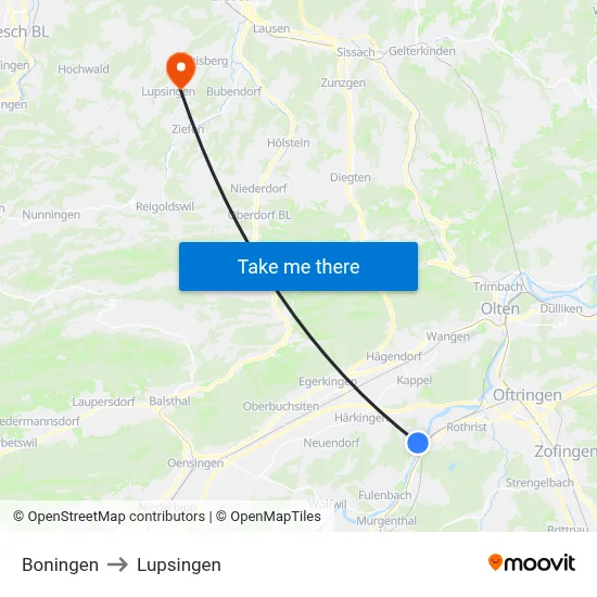 Boningen to Lupsingen map