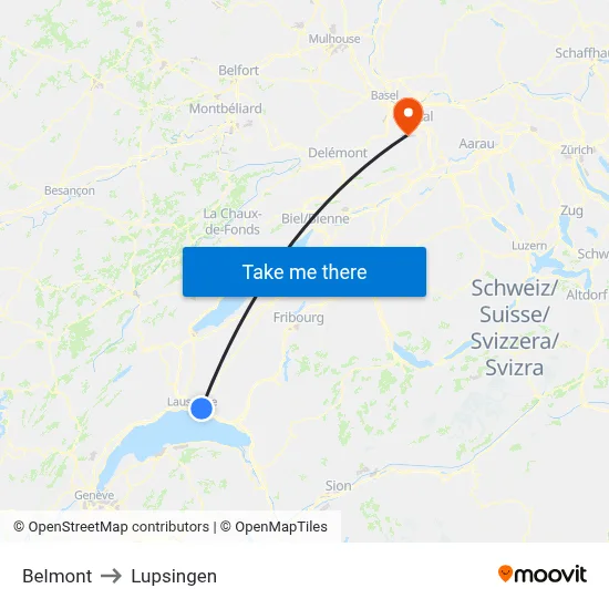 Belmont to Lupsingen map