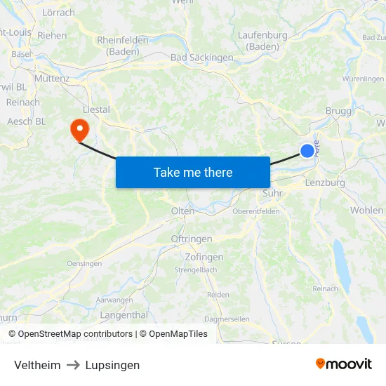 Veltheim to Lupsingen map