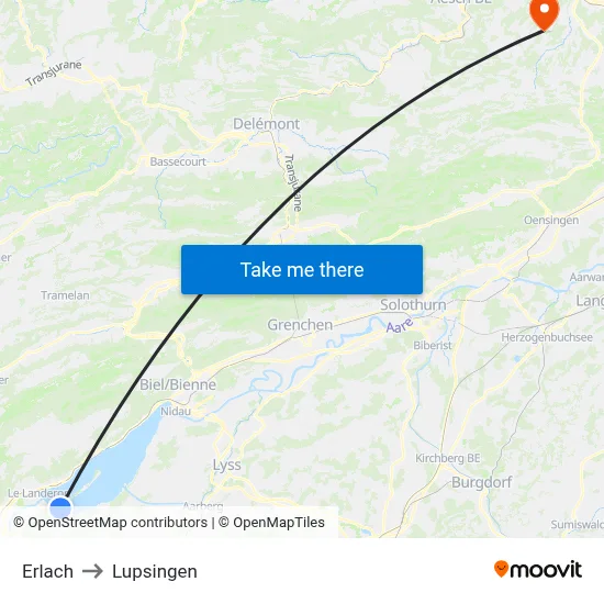 Erlach to Lupsingen map