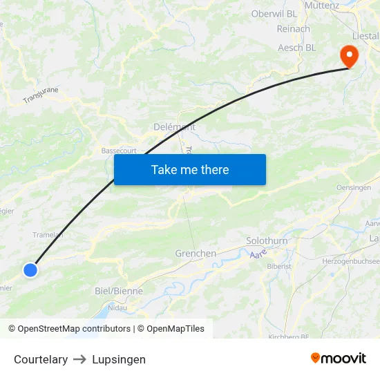 Courtelary to Lupsingen map