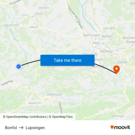 Bonfol to Lupsingen map