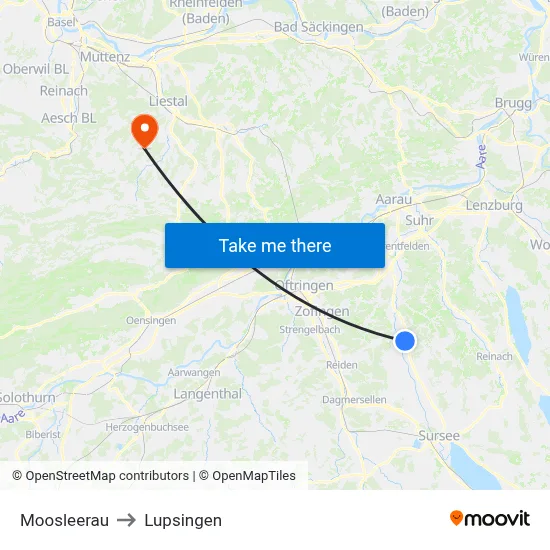 Moosleerau to Lupsingen map