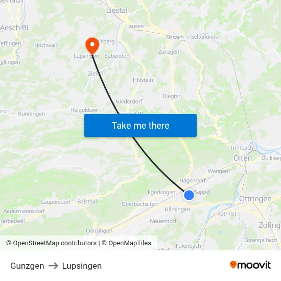 Gunzgen to Lupsingen map