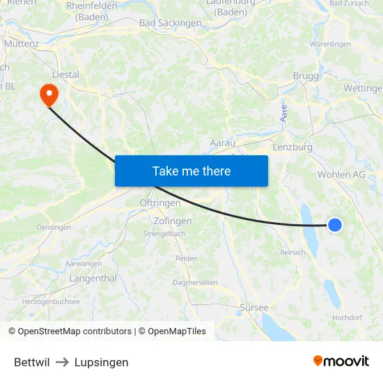 Bettwil to Lupsingen map