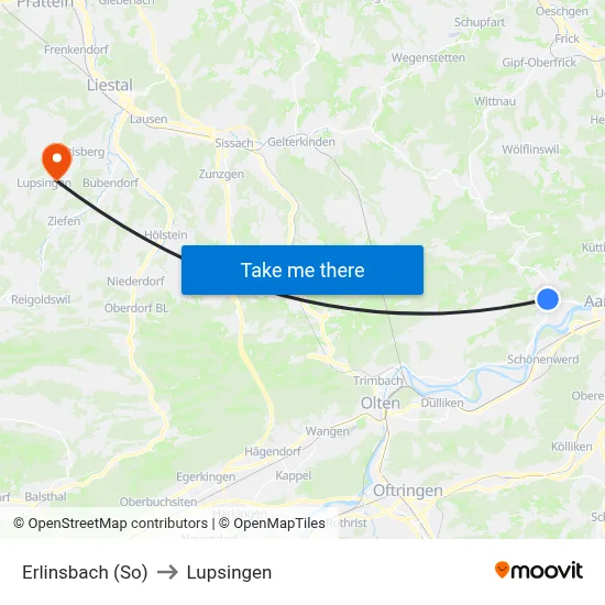 Erlinsbach (So) to Lupsingen map