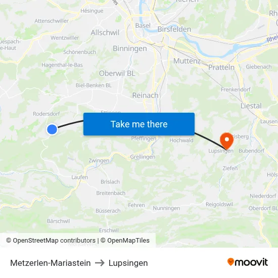 Metzerlen-Mariastein to Lupsingen map