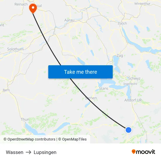 Wassen to Lupsingen map