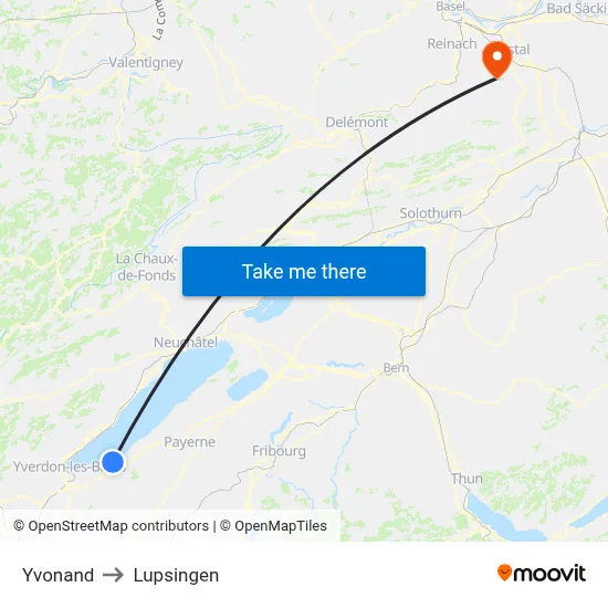 Yvonand to Lupsingen map