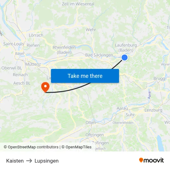 Kaisten to Lupsingen map