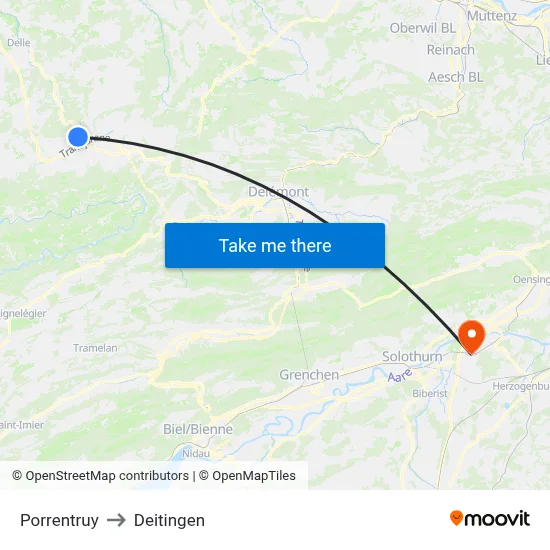 Porrentruy to Deitingen map
