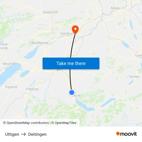 Uttigen to Deitingen map