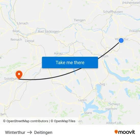 Winterthur to Deitingen map