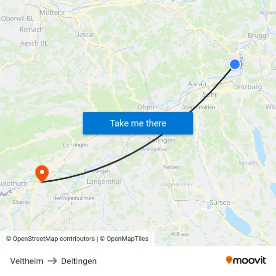 Veltheim to Deitingen map