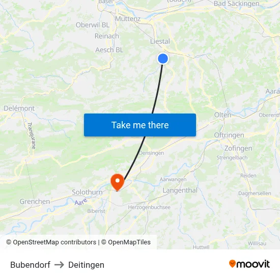 Bubendorf to Deitingen map