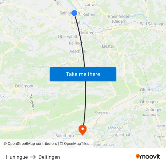 Huningue to Deitingen map